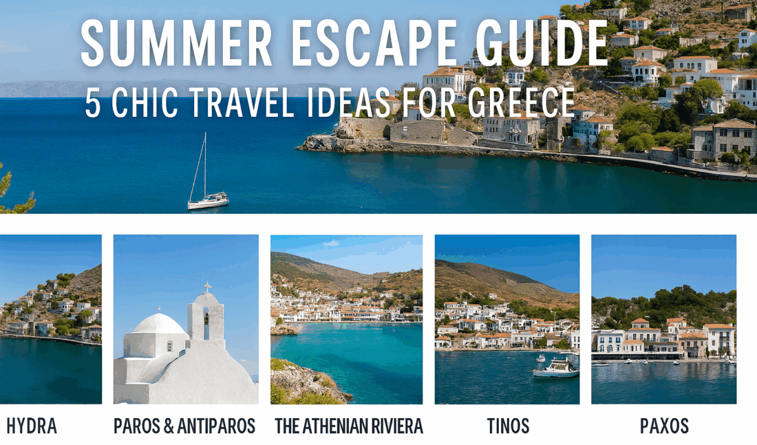 A sunlit coastal view of a Greek island with turquoise water, white houses, and a sailboat in the distance.