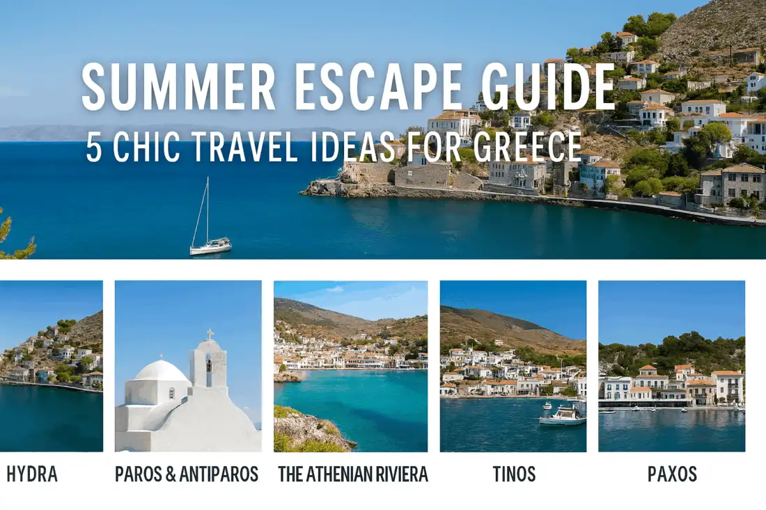 A sunlit coastal view of a Greek island with turquoise water, white houses, and a sailboat in the distance.