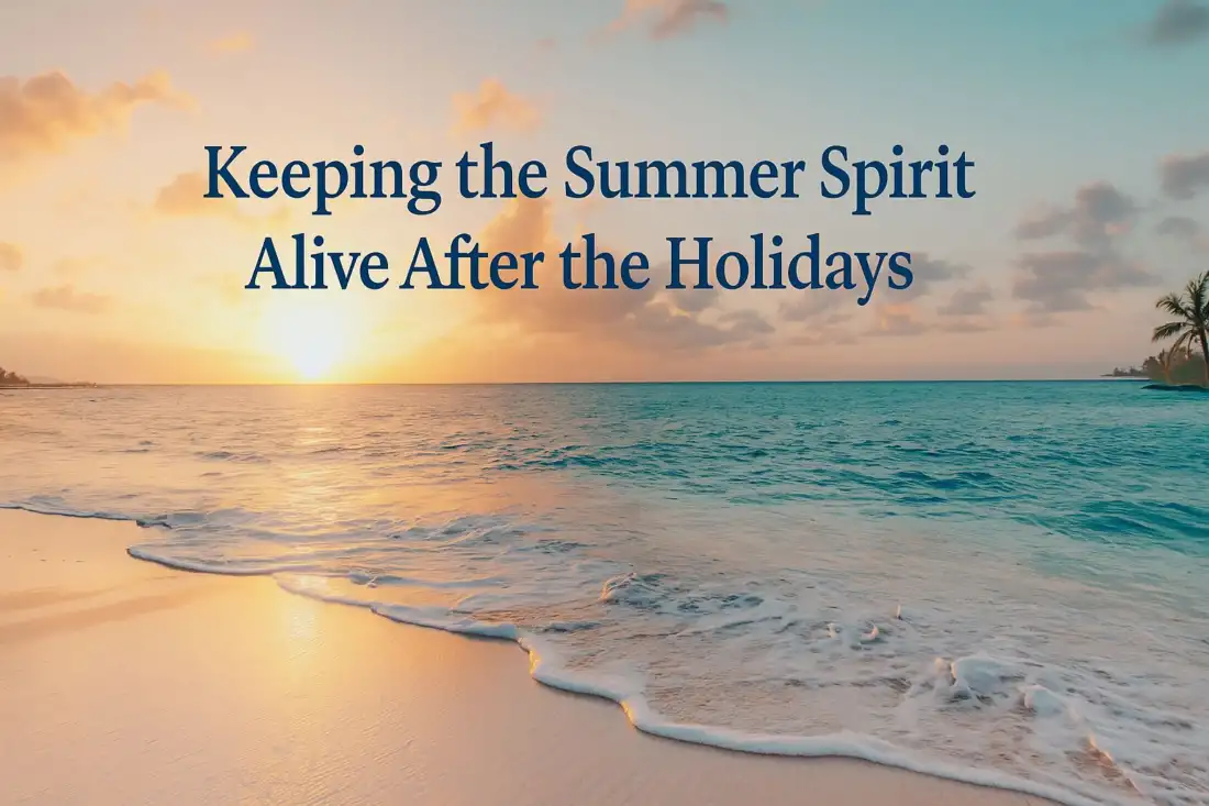 Beach sunset with woman holding hat, symbolizing summer vibes after holidays